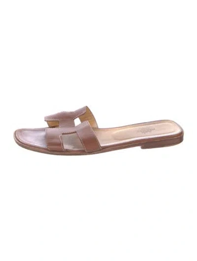Pre-owned Hermes Oran H Logo Slides In Brown