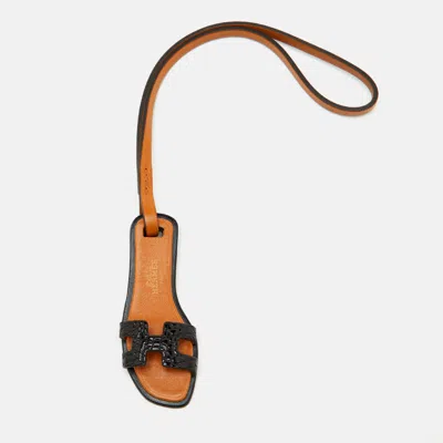 Pre-owned Hermes Hermès Oran Nano Bag Charm Black/gold Lizard And Veau Butler Leather