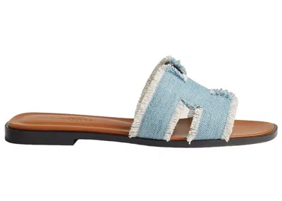Pre-owned Hermes Oran Sandal Fringed Denim (women's) Sneakers In Bleu Clair