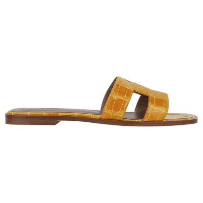 Pre-owned Hermes Oran Sandal Jaune Ambre Alligator Flat Slide 39 / 9 In Brown