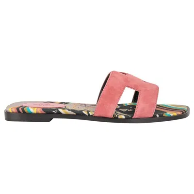 Pre-owned Hermes Oran Sandal Rose De Venise Suede Brides De Gala Toile 37.5 In Red
