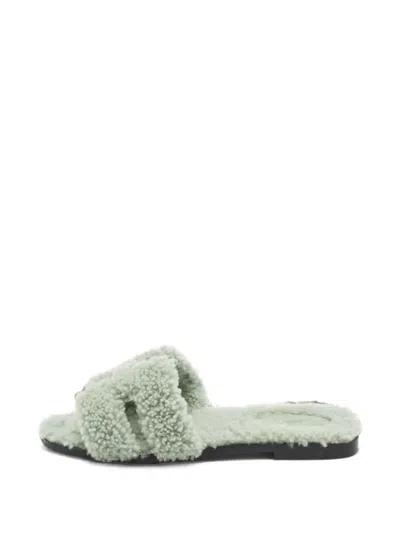 Pre-owned Hermes Oran Shearling Sandals In Green