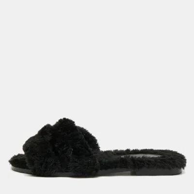 Pre-owned Hermes Hermès Oran Size 35 Black Shearling Fur Flat Sandals