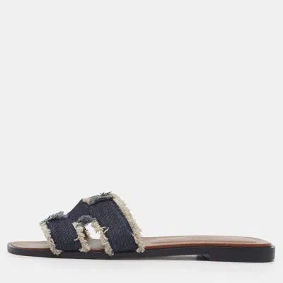Pre-owned Hermes Oran Size 36 Navy Blue/white Denim Flat Slide