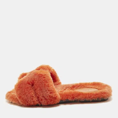 Pre-owned Hermes Oran Size 37 Orange Shearling Fur Flat Slides