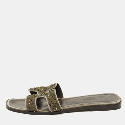 Pre-owned Hermes Oran Size 38 Green Suede Crystal Embellished Flat Slides