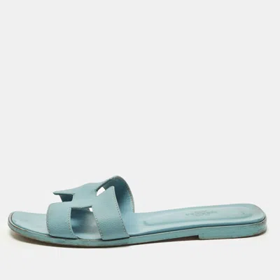 Pre-owned Hermes Oran Size 38.5 Blue Leather Flat Slides