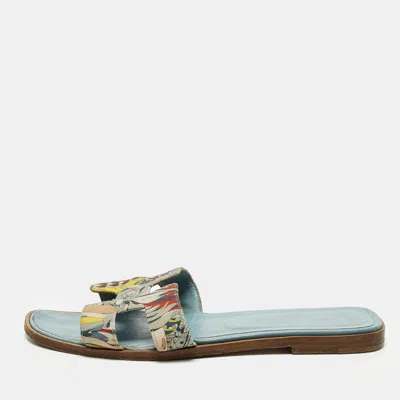 Pre-owned Hermes Oran Size 38.5 Multicolor Print Canvas Flat Slip