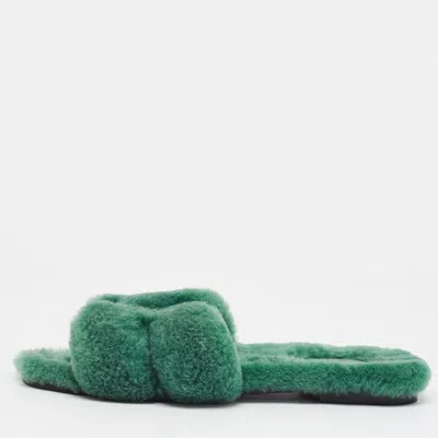 Pre-owned Hermes Hermès Oran Size 39 Green Shearling Fur Flat Slide