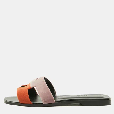 Pre-owned Hermes Oran Size 39.5 Purple/orange Velvet Flat Slide