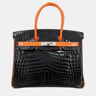 Pre-owned Hermes Orange And Black Niloticus Crocodile Leather Birkin 30 Bag