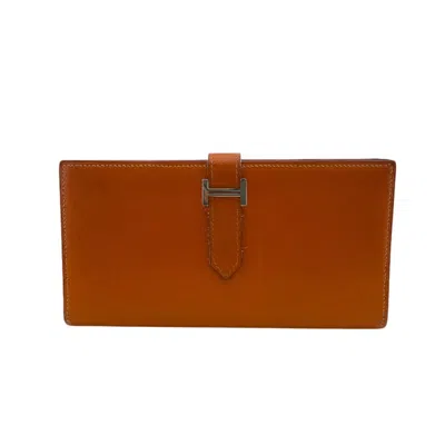 Pre-owned Hermes Orange Box Calf Leather Long Wallet (bi-fold) ()