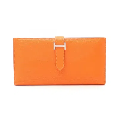 Pre-owned Hermes Orange Chevre Leather Long Wallet (bi-fold) ()