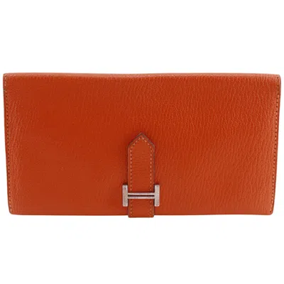 Pre-owned Hermes Orange Chevre Leather Long Wallet (bi-fold) ()