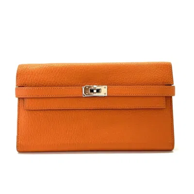 Pre-owned Hermes Orange Chevre Leather Long Wallet (bi-fold) ()