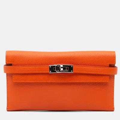 Pre-owned Hermes Orange Chevre Mysore Kelly Longue Wallet