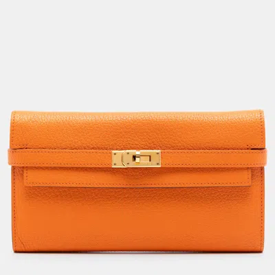 Pre-owned Hermes Orange Chevre Mysore Kelly Longue Wallet