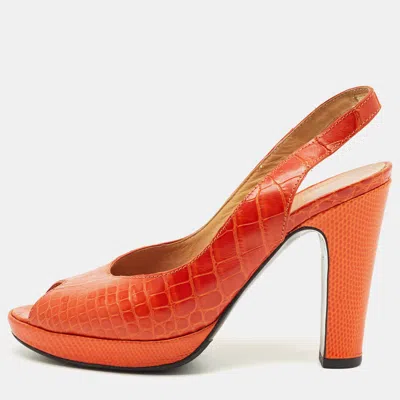 Pre-owned Hermes Orange Crocodile Leather And Lizard Leather Peep Toe Pumps Size 37