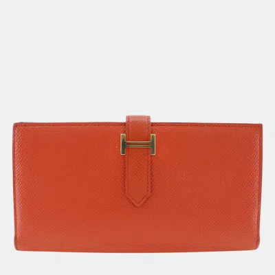 Pre-owned Hermes Orange Epsom Bearn Soufflet Wallet