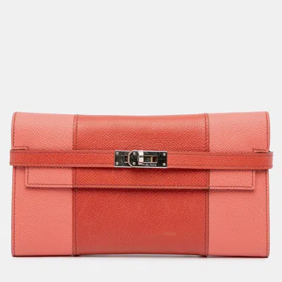 Pre-owned Hermes Orange Epsom Flag Kelly Longue Wallet