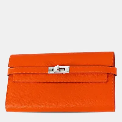 Pre-owned Hermes Orange Epsom Kelly Longue Wallet