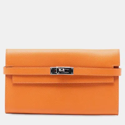 Pre-owned Hermes Orange Epsom Kelly Trifold Long Wallet