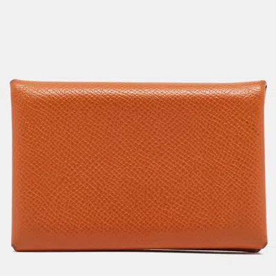 Pre-owned Hermes Orange Epsom Leather Calvi Card Holder