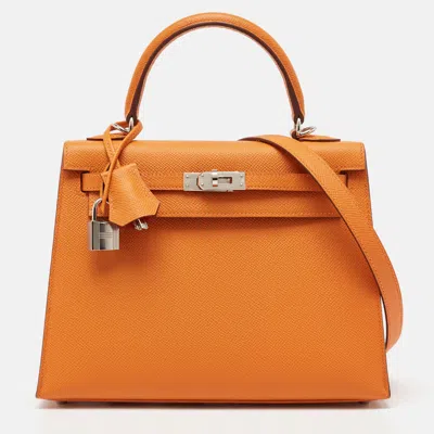 Pre-owned Hermes Orange Epsom Leather Palladium Finish Kelly Sellier 25 Bag