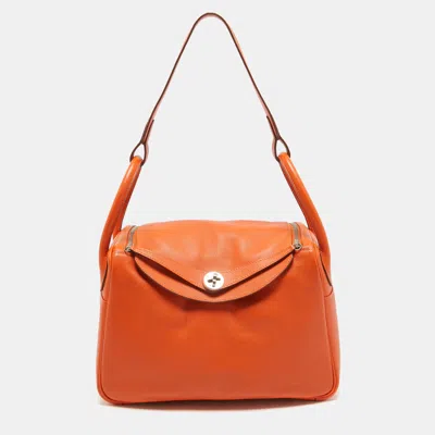 Pre-owned Hermes Orange Evercolor Leather Palladium Finish Lindy 30 Bag
