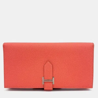 Pre-owned Hermes Orange Leather Bean Long Wallet (w)