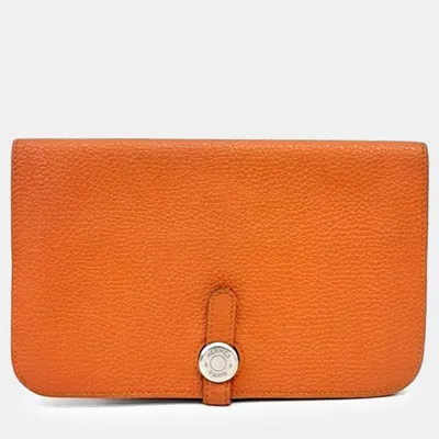 Pre-owned Hermes Orange Leather Dogon Long Wallet (t)