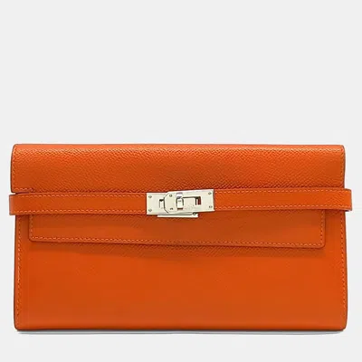 Pre-owned Hermes Orange Leather Kelly Long Wallet (t)