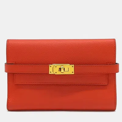 Pre-owned Hermes Orange Leather Kelly Medium Wallet (c)