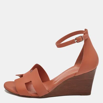 Pre-owned Hermes Orange Leather Legend Wedge Sandals Size 38.5