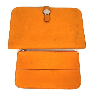Pre-owned Hermes Orange Leather Long Wallet (bi-fold) ()