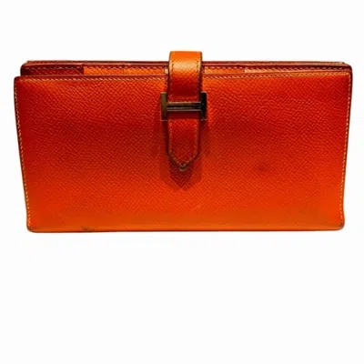 Pre-owned Hermes Orange Leather Long Wallet (bi-fold) ()