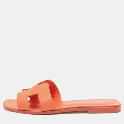 Pre-owned Hermes Orange Leather Oran Flat Sandals Size 40