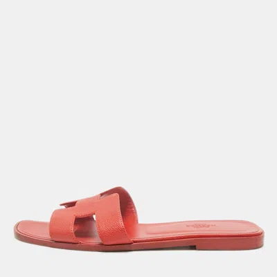 Pre-owned Hermes Orange Leather Oran Flat Slide Sandals Size 39