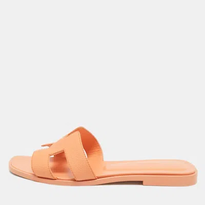 Pre-owned Hermes Orange Leather Oran Flat Slides Size 37.5
