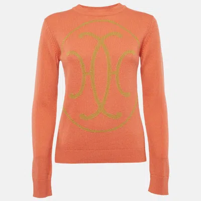Pre-owned Hermes Orange Logo Patterned Knit Cashmere Crew Neck Sweater S