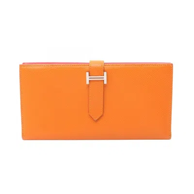 Pre-owned Hermes Orange Pink Epsom Leather Long Wallet (bi-fold) () In Orange, Pink