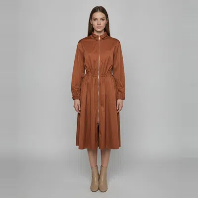 Pre-owned Hermes Orange Poplin Ruffle Trim Zip-up Midi Dress S