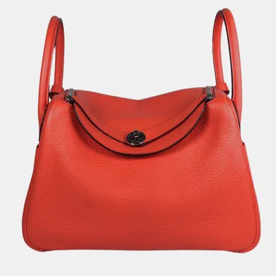Pre-owned Hermes Orange Poppy Clemence Lindy 30 Handbag