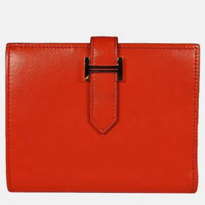 Pre-owned Hermes Orange Poppy Tadelakt Compact Bearn Wallet With Ghw