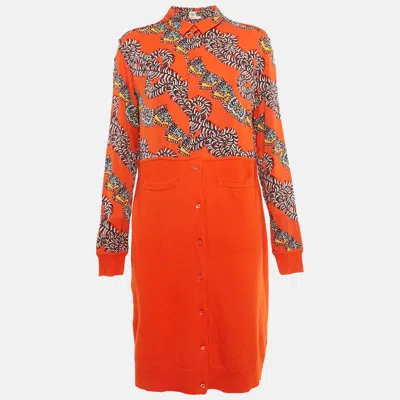 Pre-owned Hermes Hermès Orange Printed Silk & Wool Knit Button Front Dress L