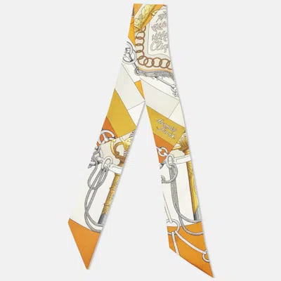 Pre-owned Hermes Hermès Orange Printed Silk Twilly