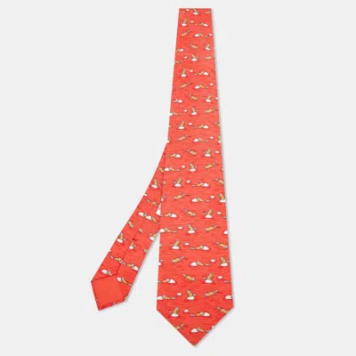 Pre-owned Hermes Hermès Orange Raccoon Print Silk Classic Tie