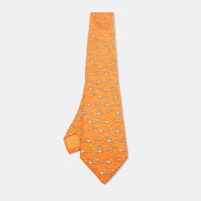 Pre-owned Hermes Orange Raccoon Print Silk Tie