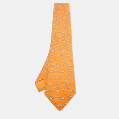 Pre-owned Hermes Hermès Orange Raccoon Print Silk Tie