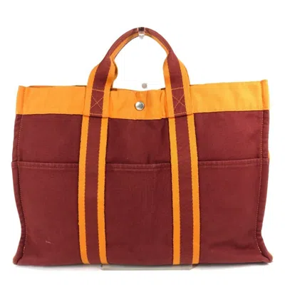 Pre-owned Hermes Orange Red Color Cotton Handbag Tote Bag () In Multi